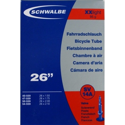 Камера Schwalbe SV 14A 26x1.5/2.1, Extra Light, ниппель 40 мм Presta (French)