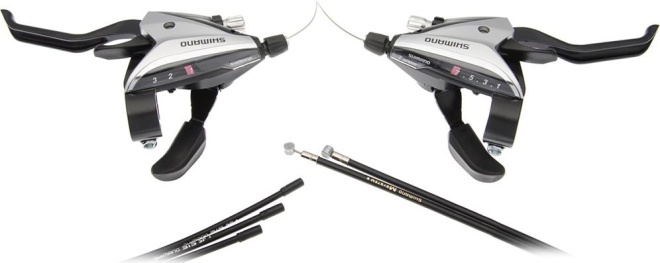 Комплект манеток с тормозными ручками Shimano ST-EF65, 3x7 скоростей, с тросом и оплёткой, серебристый Silver