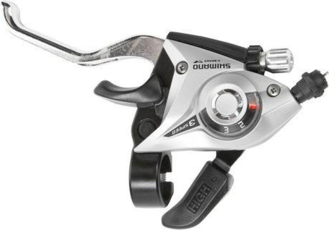 Манетка левая с тормозной ручкой Shimano ST-EF51-L, с тросом и оплёткой, серебристая