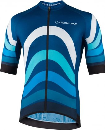 Веломайка с короткими рукавами Nalini New Stripes Jersey, синяя с белыми, голубыми и бирюзовыми элементами 4250