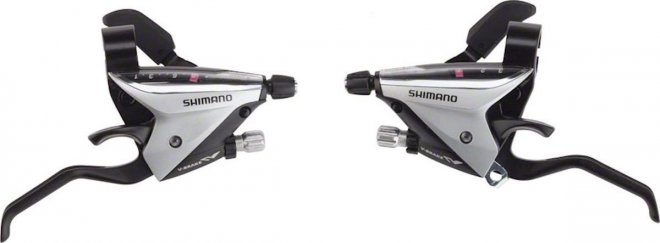Комплект манеток с тормозными ручками Shimano ST-EF65, 3x8 скоростей, с тросом и оплёткой, серебристый Silver