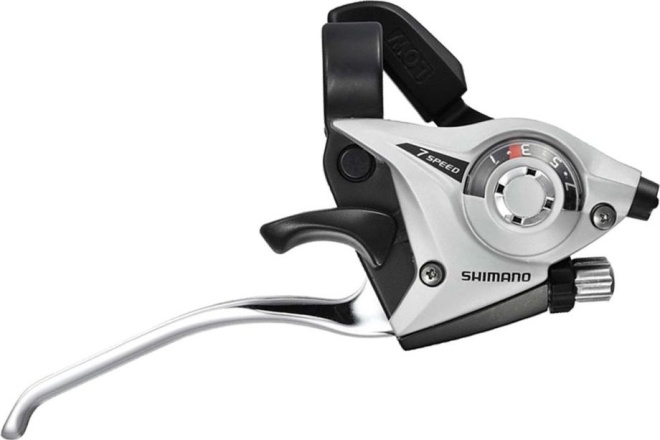 Манетка правая с тормозной ручкой Shimano ST-EF51-7R, с тросом и оплёткой, серебристая